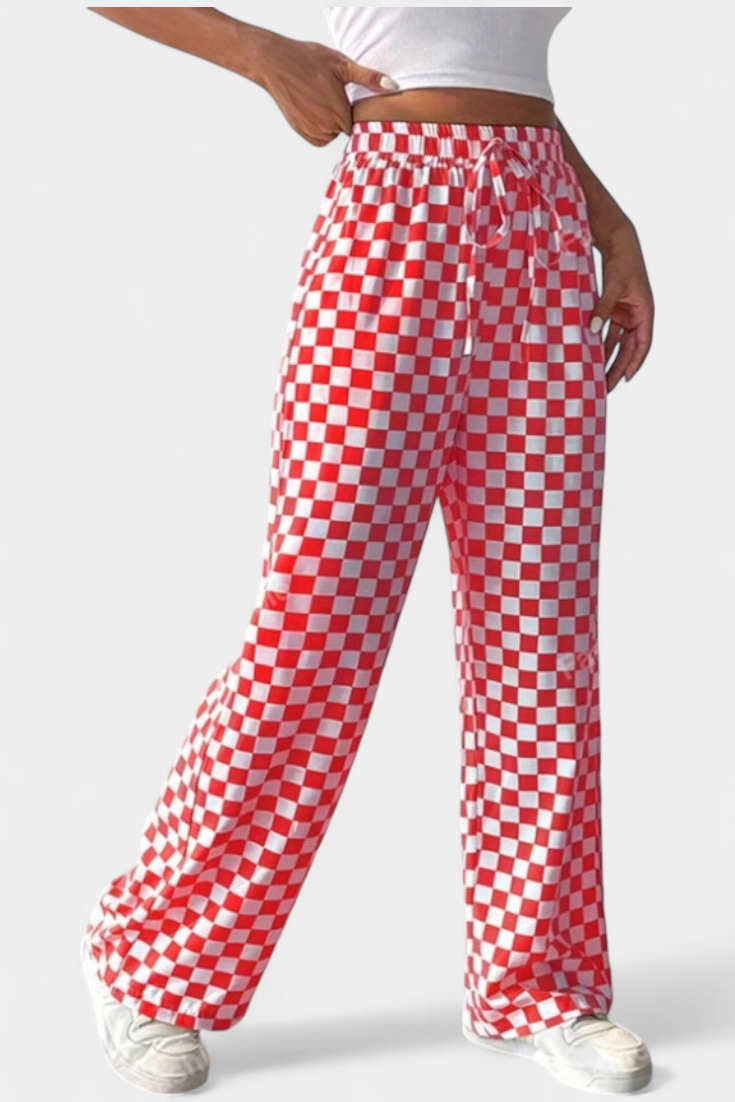 Hilaria - Pantalones de Pierna Ancha con Estampado a Cuadros