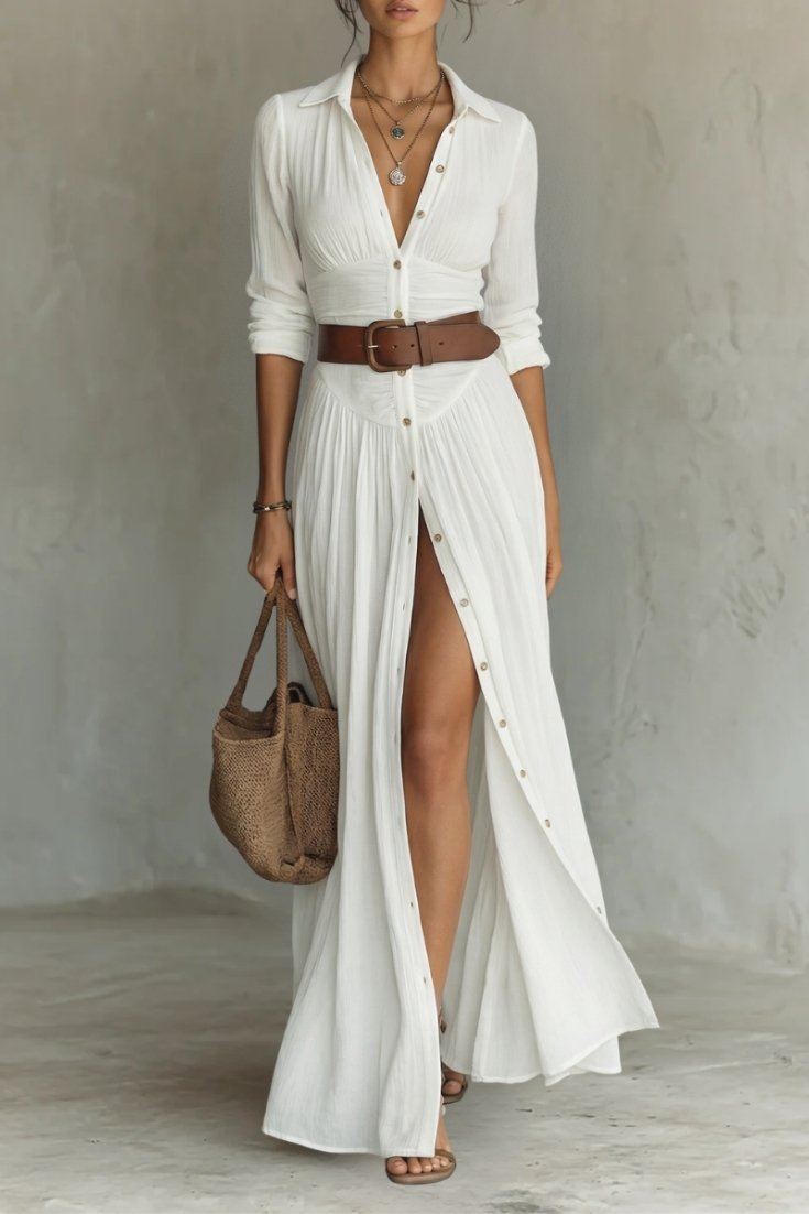 ELLE - VESTIDO  LARGO DE LINO CON MANGAS LARGAS