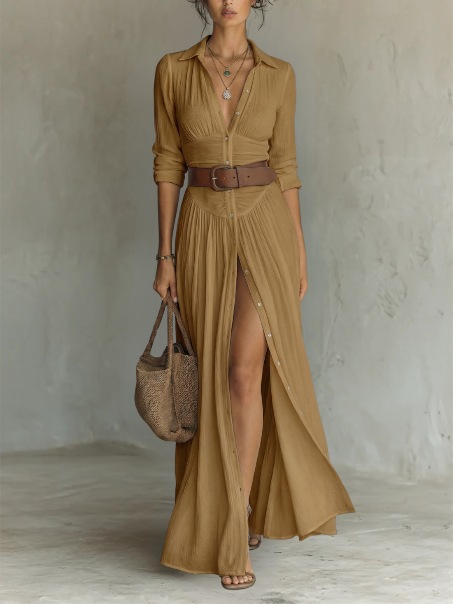 ELLE - VESTIDO  LARGO DE LINO CON MANGAS LARGAS