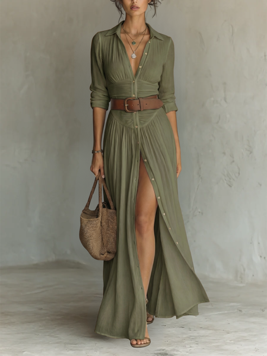 ELLE - VESTIDO  LARGO DE LINO CON MANGAS LARGAS