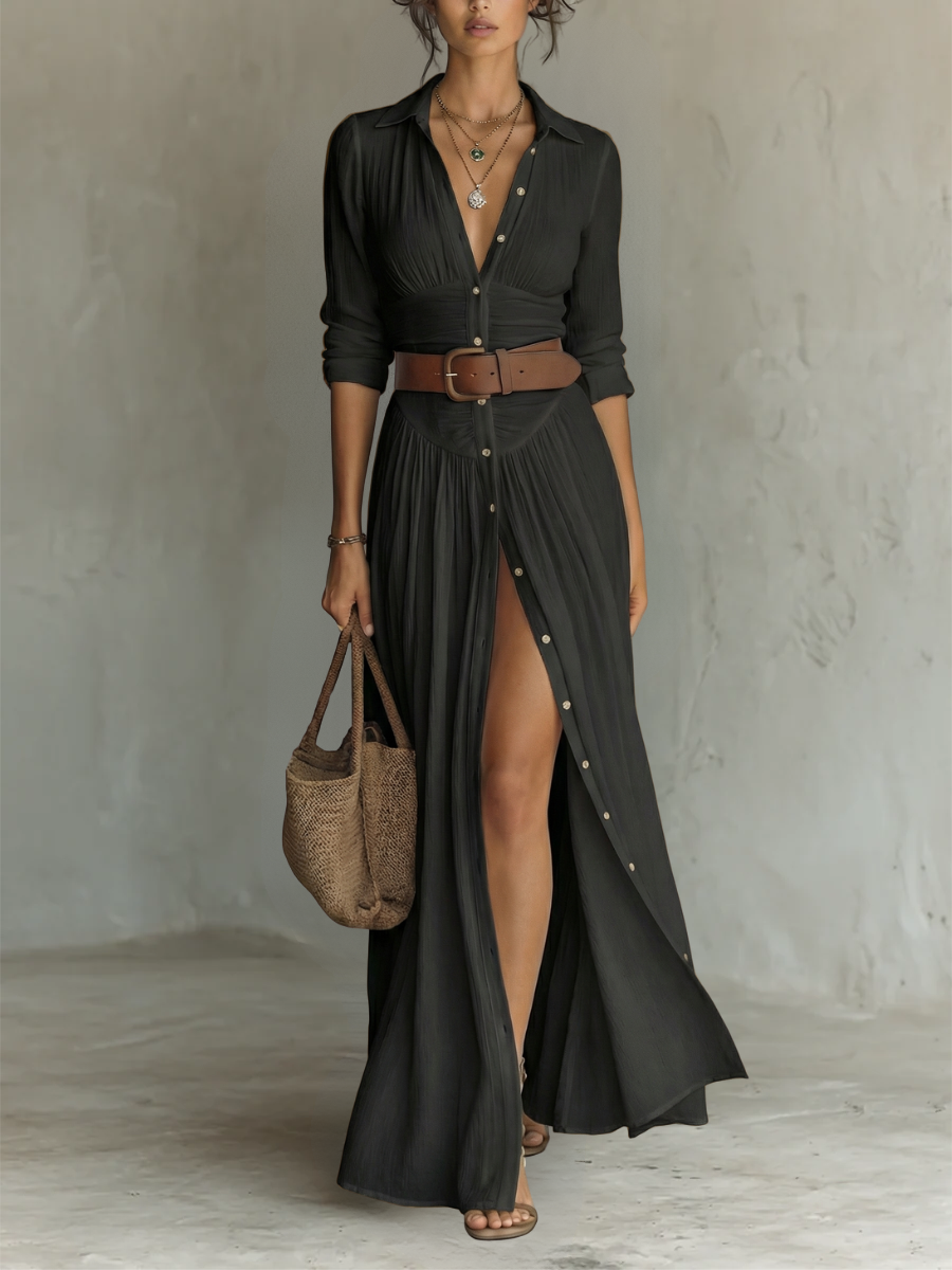 ELLE - VESTIDO  LARGO DE LINO CON MANGAS LARGAS