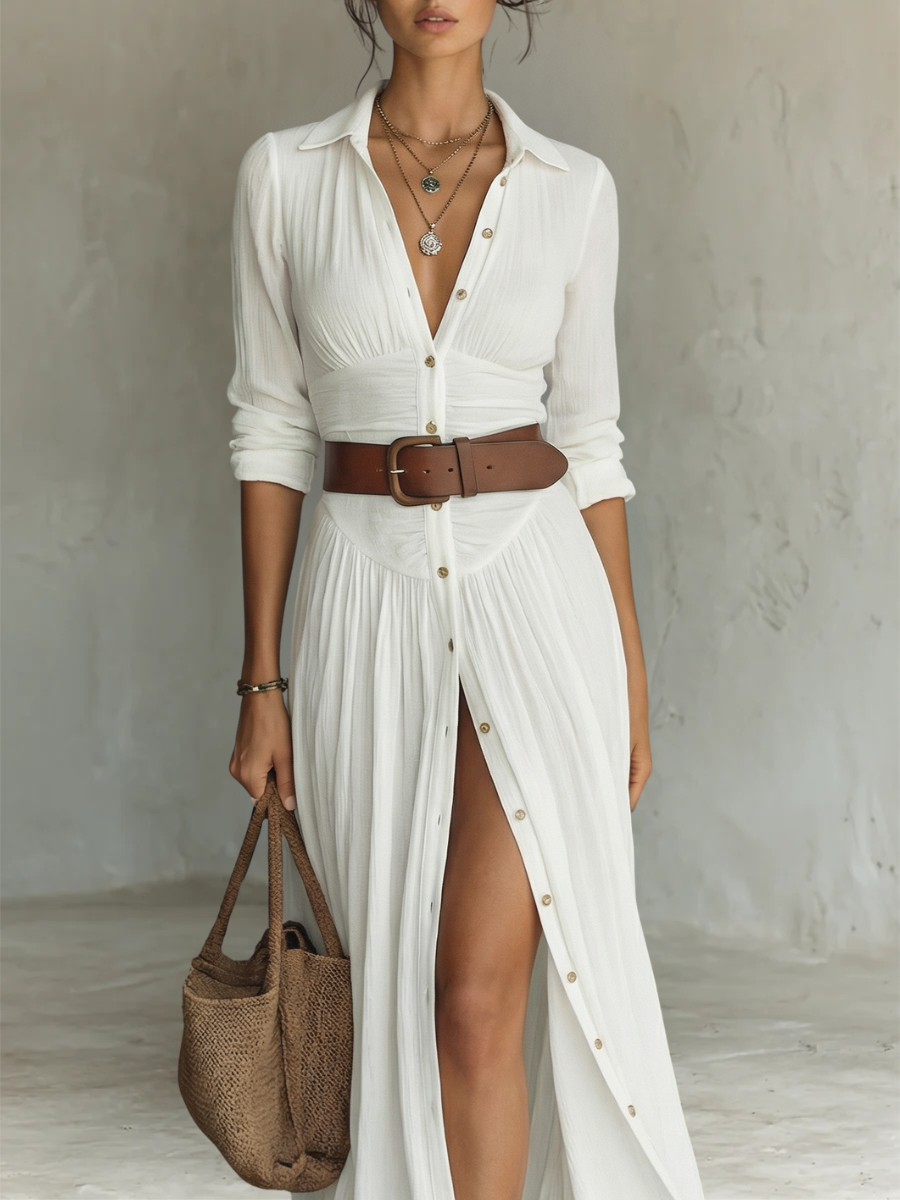 ELLE - VESTIDO  LARGO DE LINO CON MANGAS LARGAS