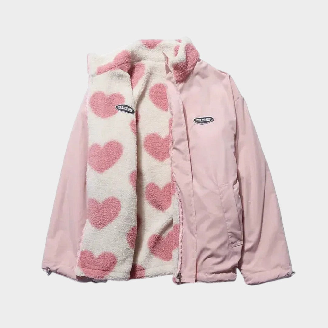 Diana - Chaqueta reversible con estampado de corazones y diseño cómodo