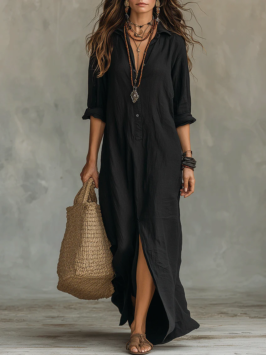 Vestido largo negro con botones tipo Lia
