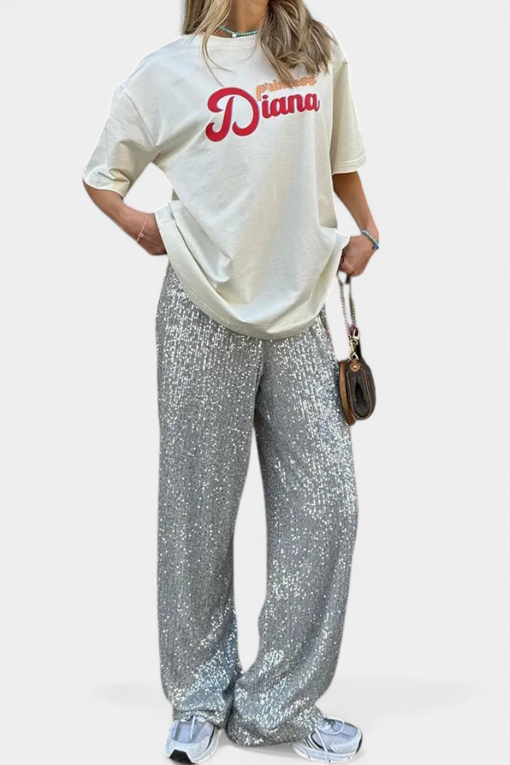 Elva - Pantalones de Lentejuelas de Cintura Alta y Corte Holgado