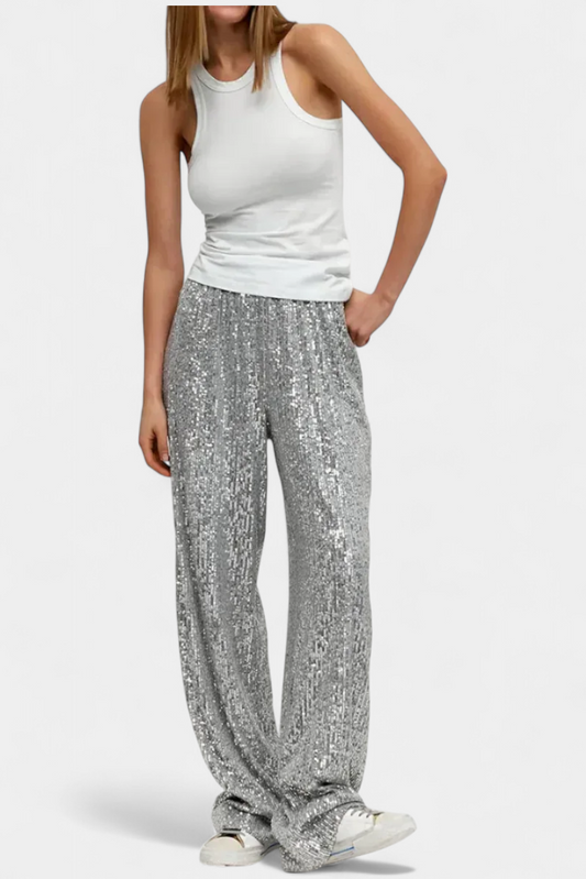 Elva - Pantalones de Lentejuelas de Cintura Alta y Corte Holgado