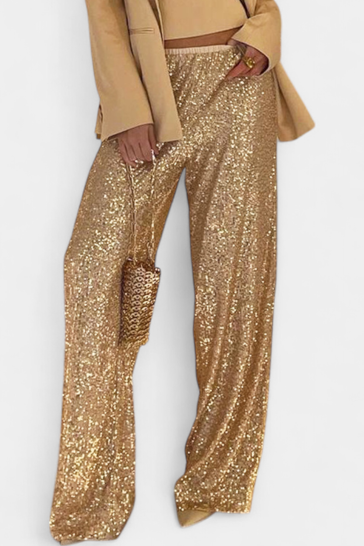 Elva - Pantalones de Lentejuelas de Cintura Alta y Corte Holgado