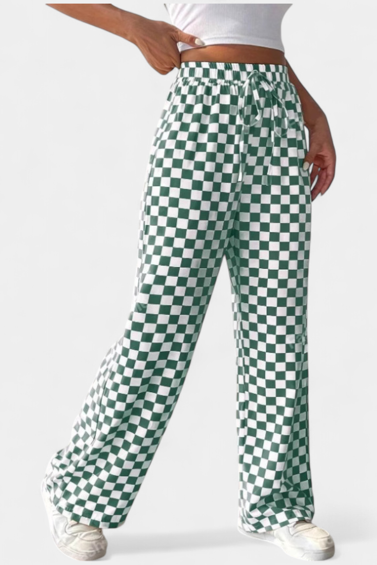 Hilaria - Pantalones de Pierna Ancha con Estampado a Cuadros