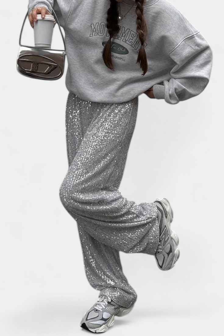 Elva - Pantalones de Lentejuelas de Cintura Alta y Corte Holgado