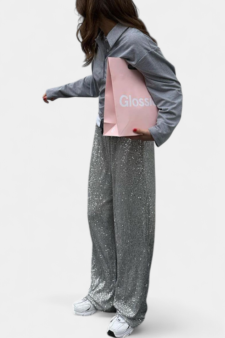 Elva - Pantalones de Lentejuelas de Cintura Alta y Corte Holgado