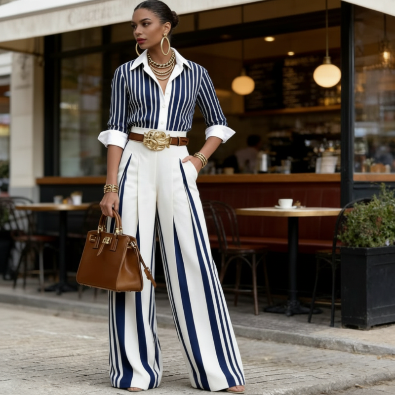 Rosa - Conjunto de Dos Piezas: Top de Lino y Pantalón Estampado
