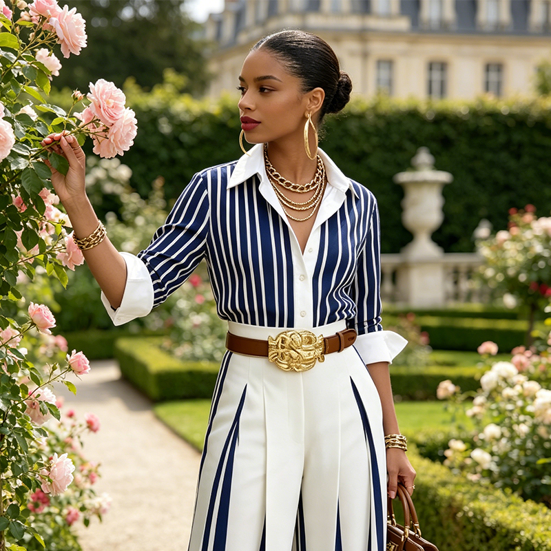 Rosa - Conjunto de Dos Piezas: Top de Lino y Pantalón Estampado