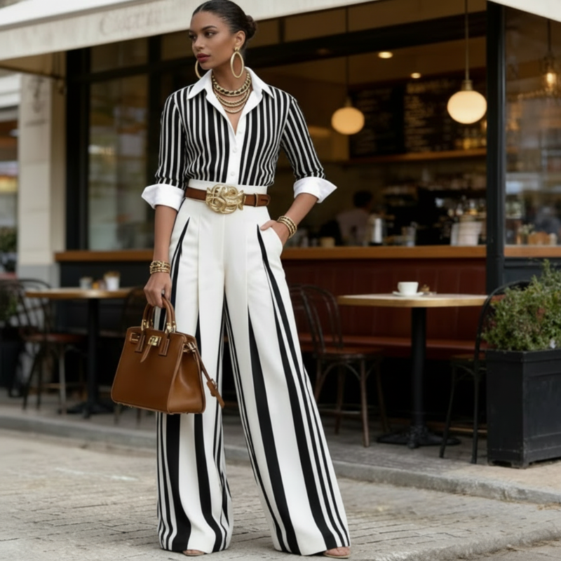 Rosa - Conjunto de Dos Piezas: Top de Lino y Pantalón Estampado